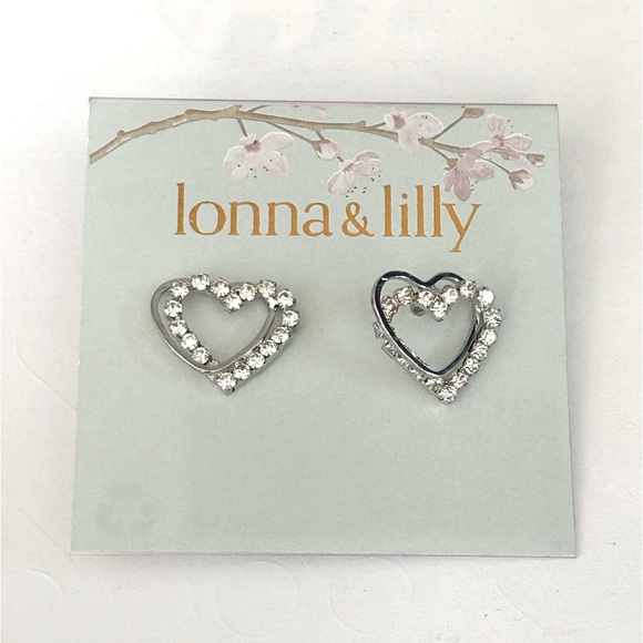 Lonna & Lilly - Heart Rhinestone Silver Toned Romantic Earrings (NWT) - Picture 1 of 4